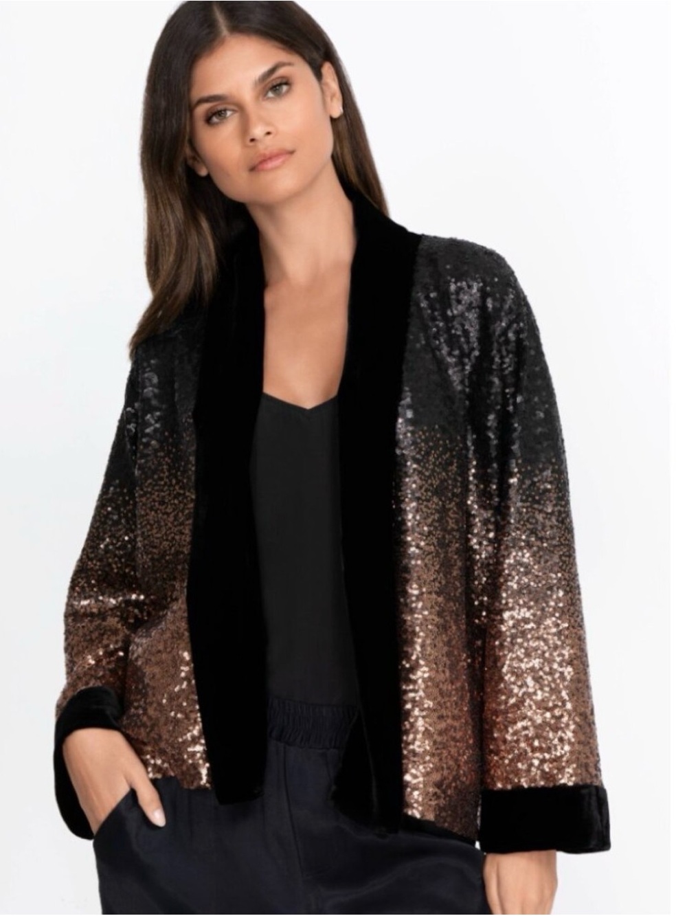 Johnny Was Women's Small Dorian Kimono Black Rose Gold Sequin Velvet Open Front